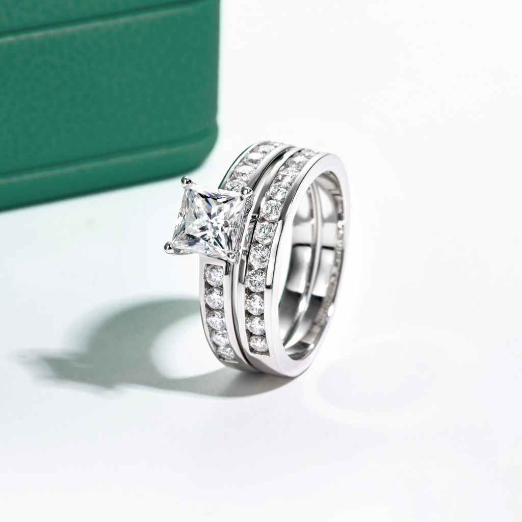 Anel Promise Princess Moissanite 11 / Solitário + Meia Aliança Anel Solitário