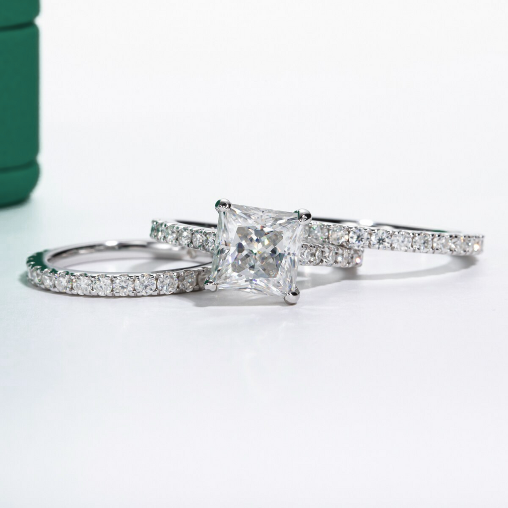 Conjunto Princess Moissanite Anel Solitário