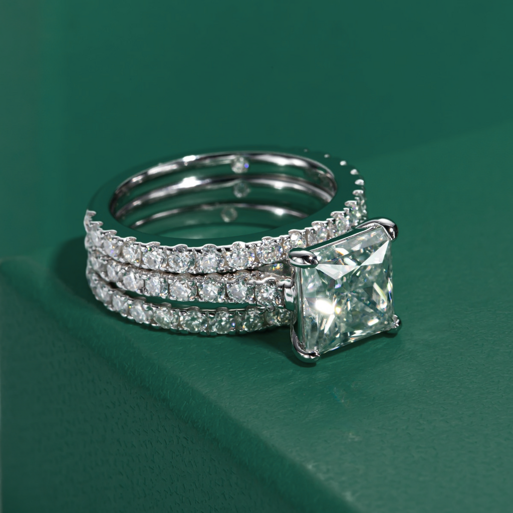 Conjunto Princess Moissanite Anel Solitário
