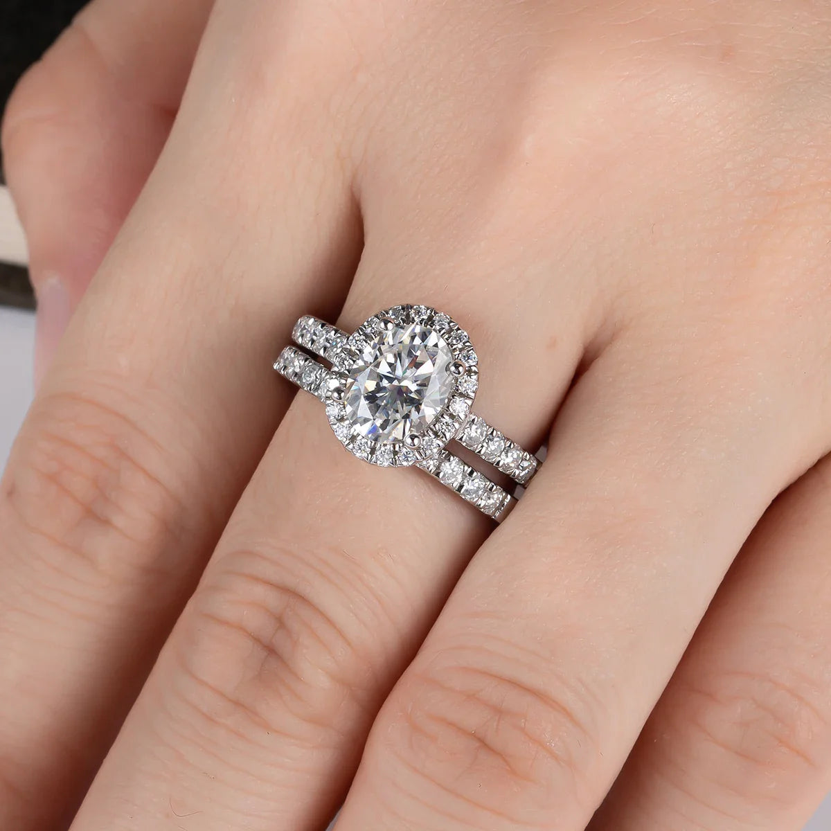 Conjunto Oval Moissanite Anel Solitário