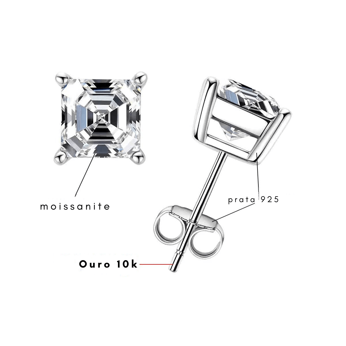 Brinco Asscher Haste em Ouro 10k Moissanite - Momi Jewel
