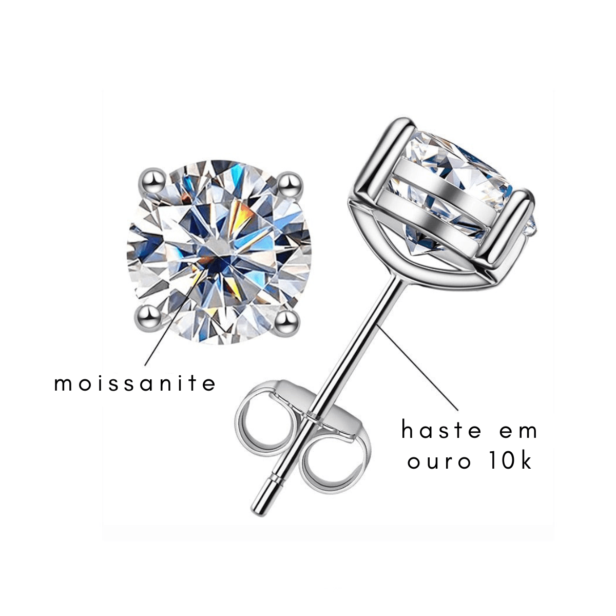 Brinco Brilhante Haste em Ouro 10k Moissanite - Momi Jewel