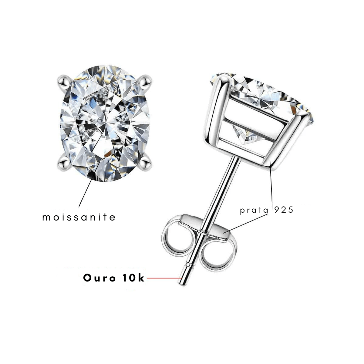 Brinco Oval Haste em Ouro 10k Moissanite - Momi Jewel