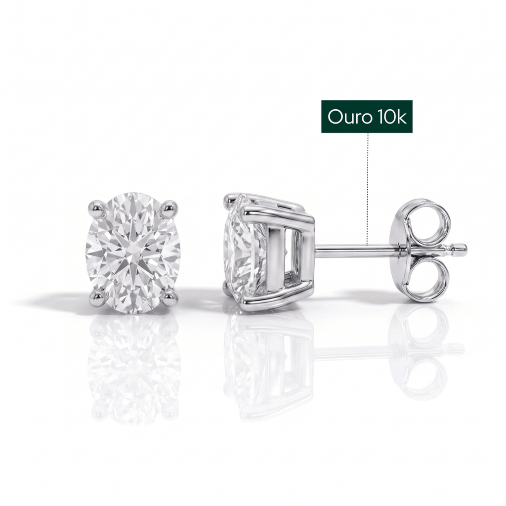 Brinco Oval Haste em Ouro 10k Moissanite - Momi Jewel