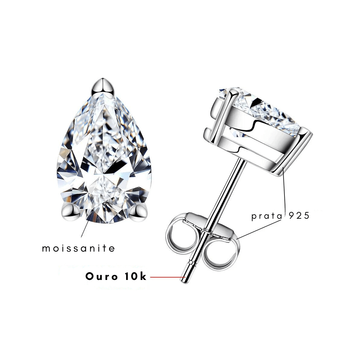 Brinco Pera Haste em Ouro 10k Moissanite - Momi Jewel